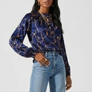 Astr The Label Veronica Satin Navy And Taupe Blouse